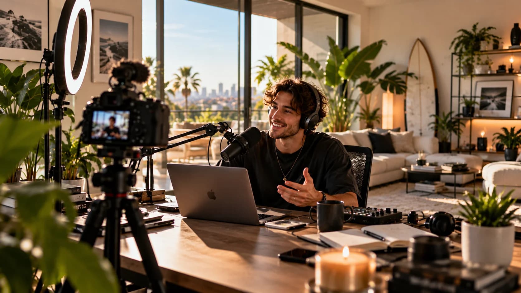 A creator recording a podcast in a sunlit home studio